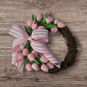 Charming Pink Tulip Wreath with Striped Bow